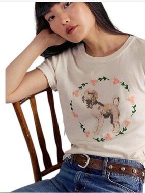 Free People Cream Tee with Dog and Floral Wreath